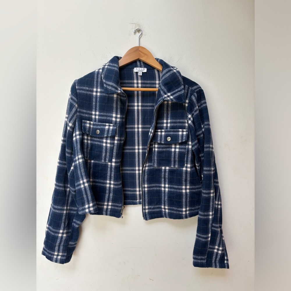 AVLN Studio Blue Plaid Wool Zip Up Jacket